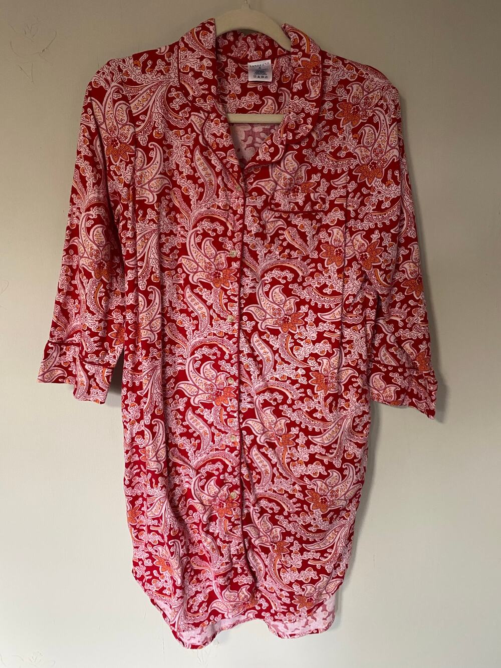 Lands End Red Cream Orange Paisley 100% Cotton Nightgown Small